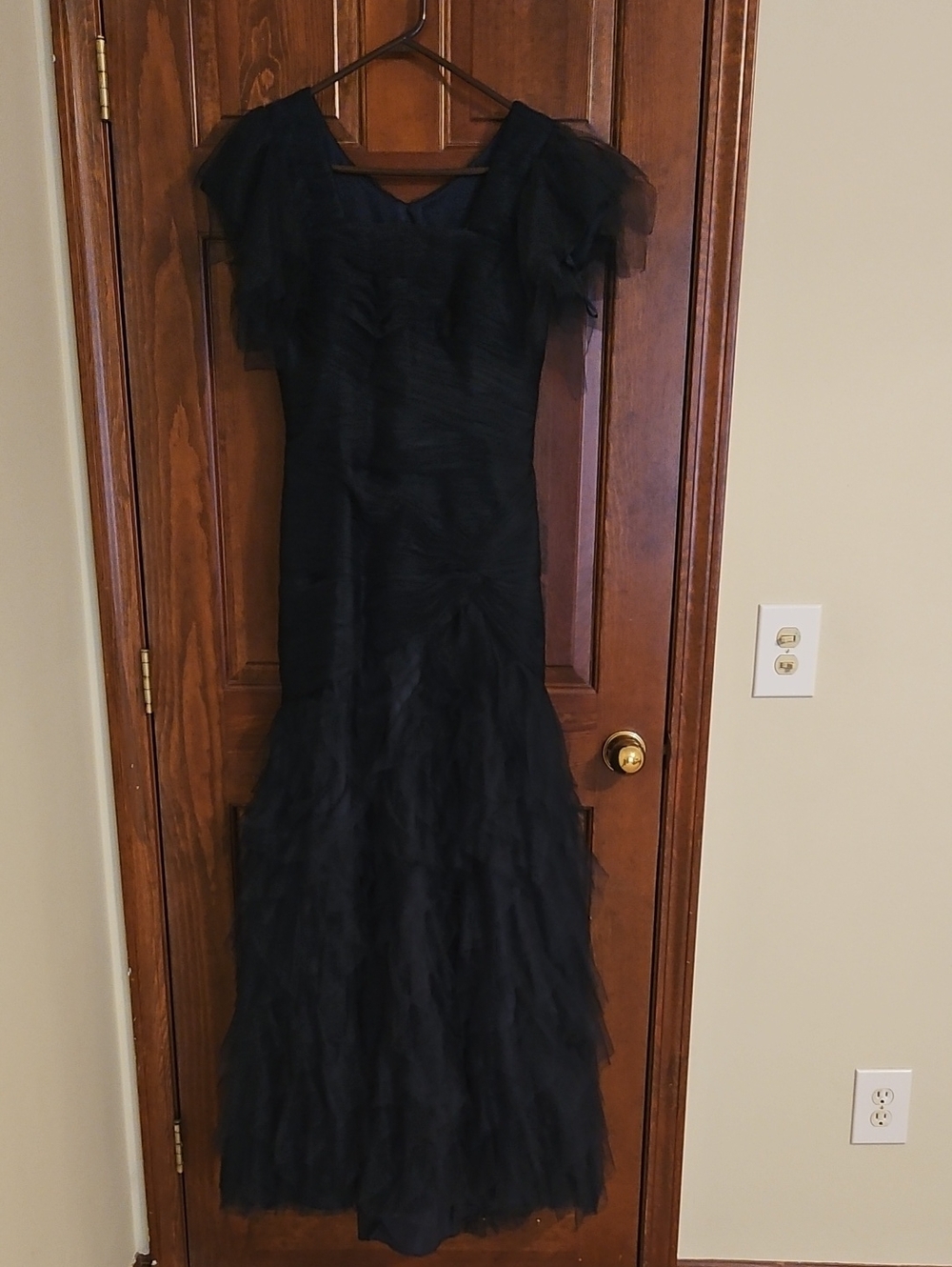 Pronovias Navy Ruffled Tulle Maxi Dress